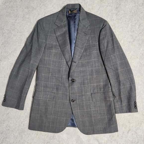 Vintage 40R Brooks Brothers Mens Gray Plaid Wool Suit Two Piece Blazer Pants Set - Picture 1 of 14